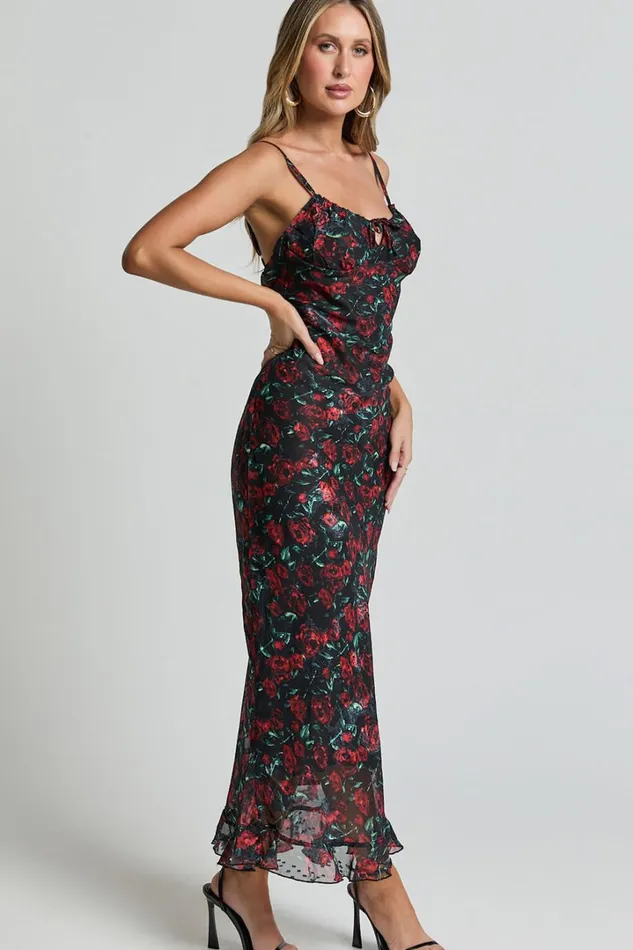 Kiana Midi Dress 8211 Strappy Sweetheart Neck Slip Dress In Rose Print Women Showpo Dresses