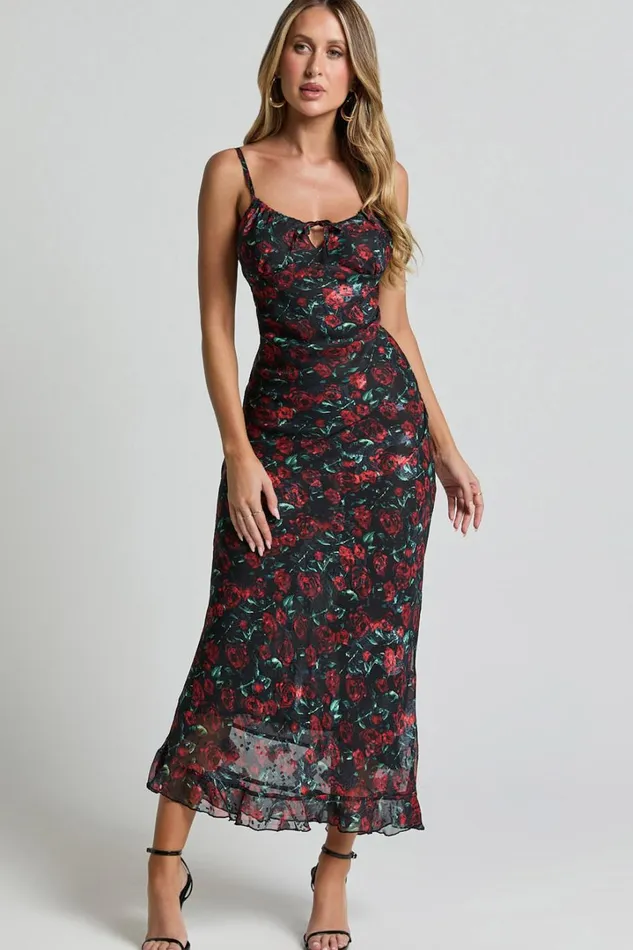 Kiana Midi Dress 8211 Strappy Sweetheart Neck Slip Dress In Rose Print Women Showpo Dresses