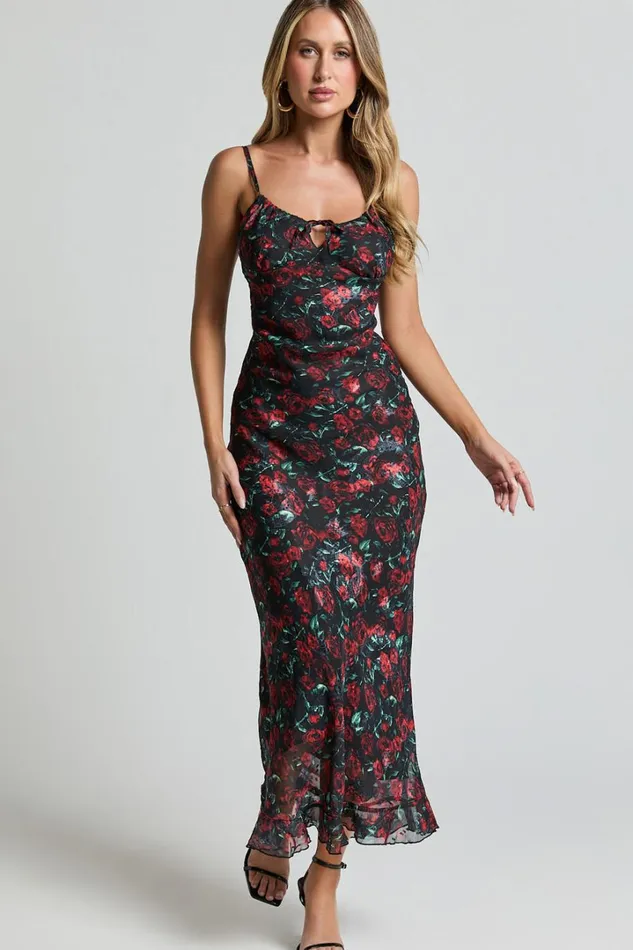 Kiana Midi Dress 8211 Strappy Sweetheart Neck Slip Dress In Rose Print Women Showpo Dresses