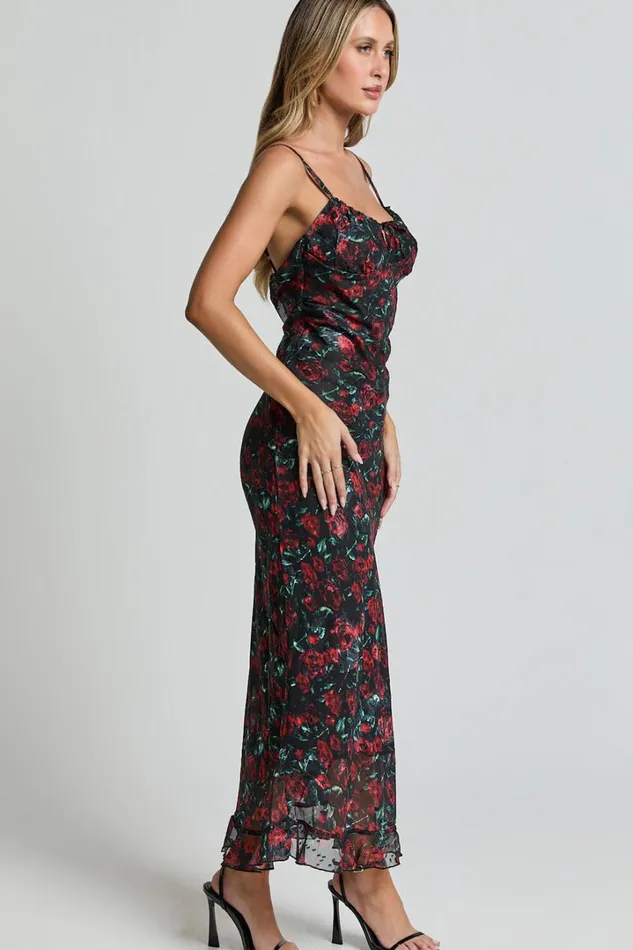 Kiana Midi Dress 8211 Strappy Sweetheart Neck Slip Dress In Rose Print Women Showpo Dresses