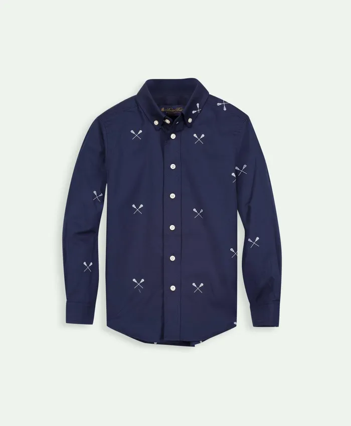 Kids Boys Cotton Poplin Lacrosse Print Sport Shirt Navy Brooks Brothers Shirts
