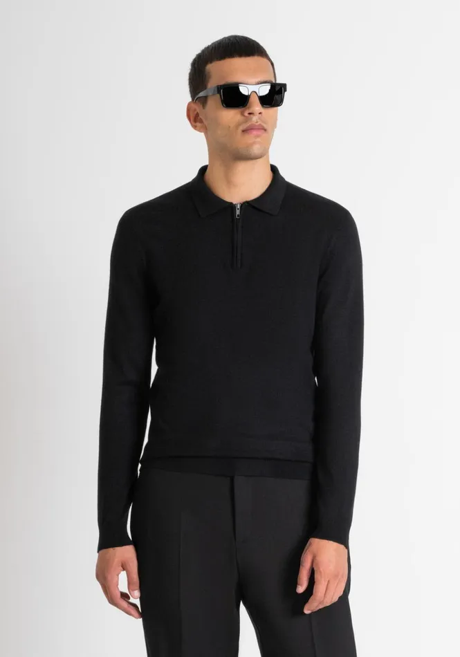 Knitwear Men Antony Morato Slim Fit Collar Black Sweater In Elastic Viscose Black