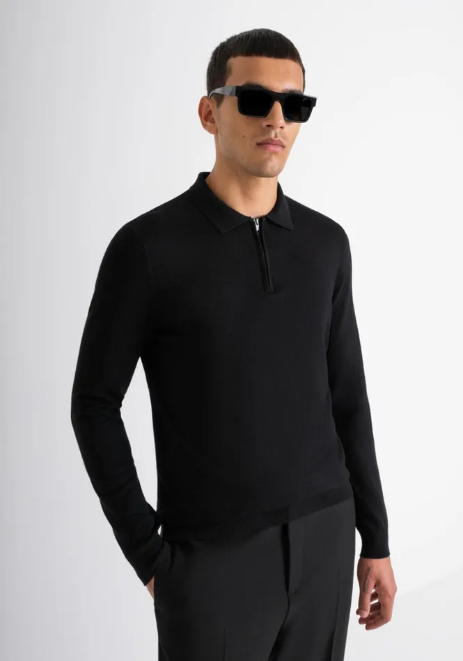 Knitwear Men Antony Morato Slim Fit Collar Black Sweater In Elastic Viscose Black