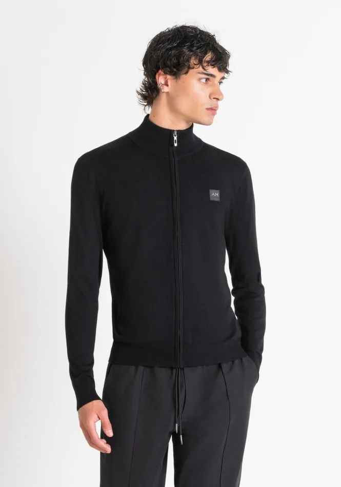 Knitwear Men Antony Morato Slim Fit Sweater In Viscose Blend With Zip And Rubberised Logo Black