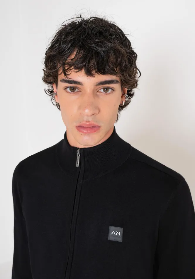 Knitwear Men Antony Morato Slim Fit Sweater In Viscose Blend With Zip And Rubberised Logo Black