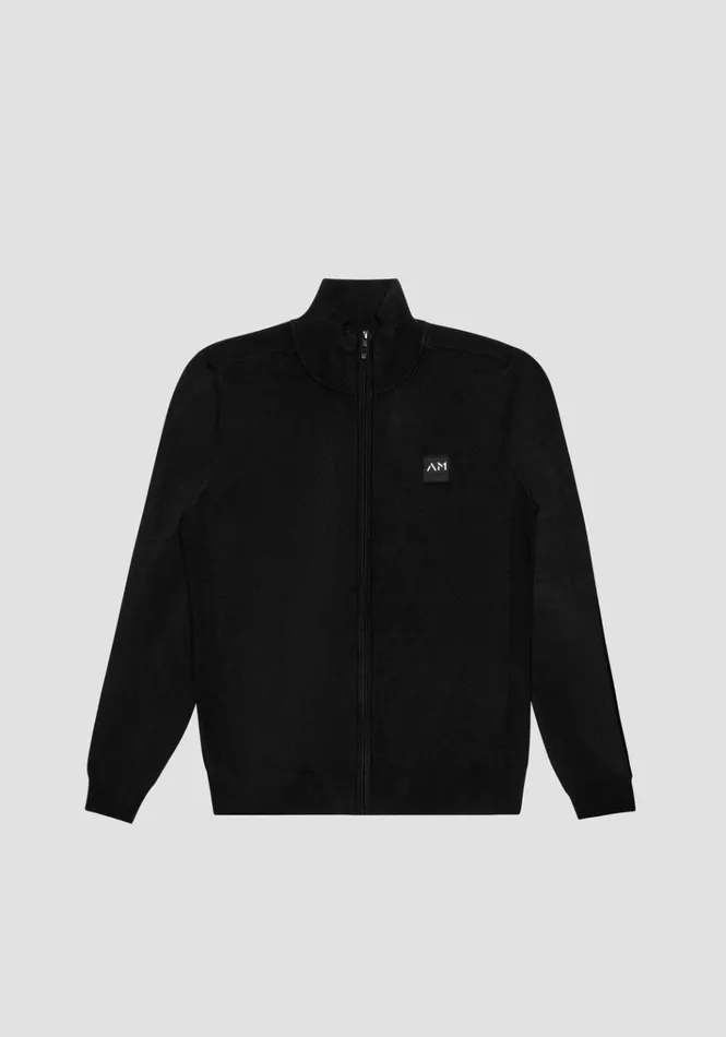 Knitwear Men Antony Morato Slim Fit Sweater In Viscose Blend With Zip And Rubberised Logo Black