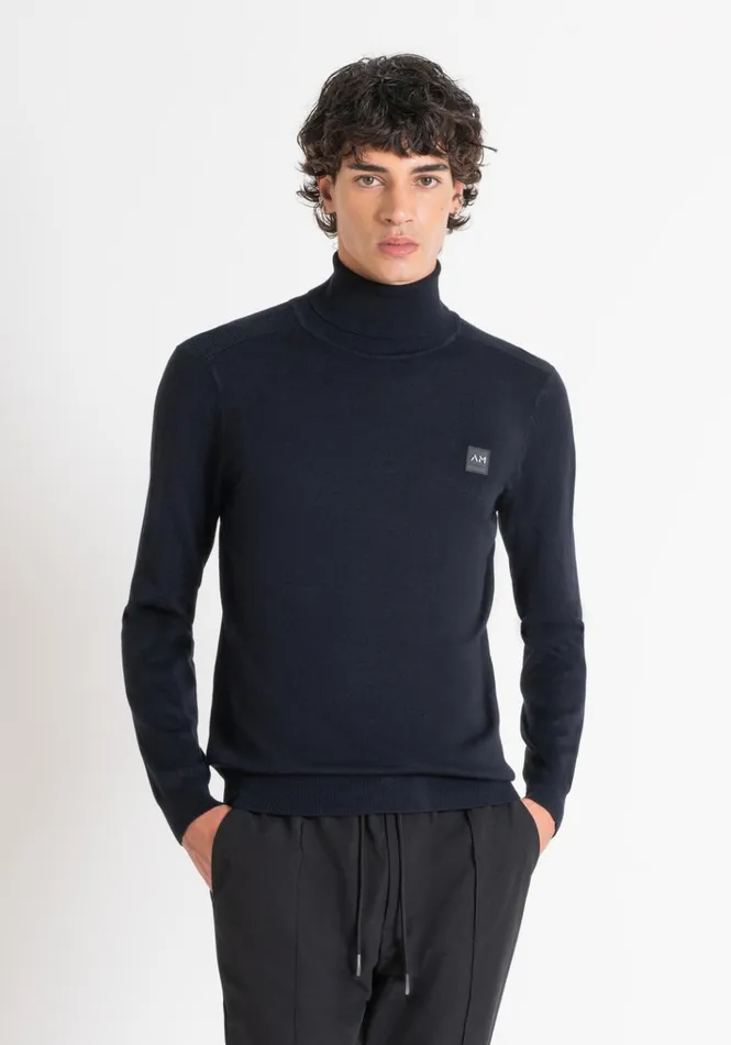 Knitwear Men Antony Morato Slim Fit Viscose Blend Yarn Jumper With Logo Patch Blue Ink