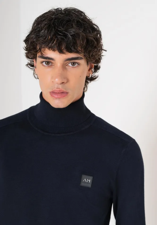 Knitwear Men Antony Morato Slim Fit Viscose Blend Yarn Jumper With Logo Patch Blue Ink