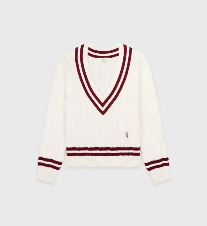 Knitwear Women Sporty and Rich SRC Cableknit VNeck Sweater 8211 Off WhiteMerlot