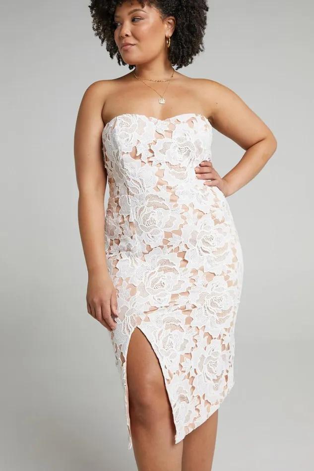 Lace To Lace Midi Dress 8211 Strapless Bodycon Dress In White Lace Women Showpo Curve Clothes