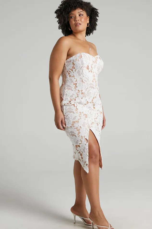 Lace To Lace Midi Dress 8211 Strapless Bodycon Dress In White Lace Women Showpo Curve Clothes