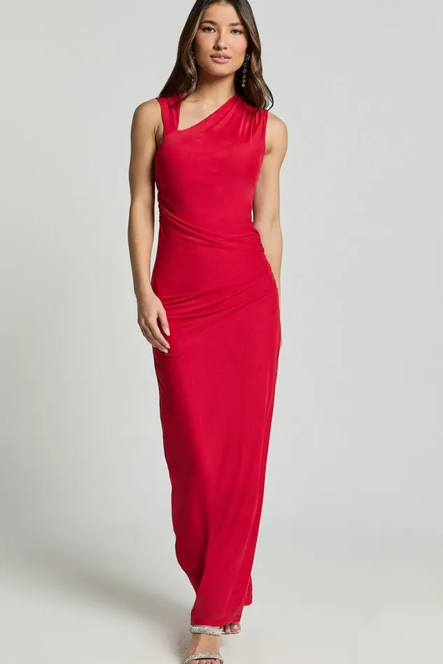Lara Midi Dress 8211 Asymmetrical Ruched Mesh Dress In Red Women Showpo Dresses