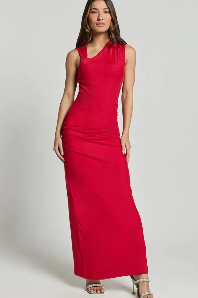 Lara Midi Dress 8211 Asymmetrical Ruched Mesh Dress In Red Women Showpo Dresses
