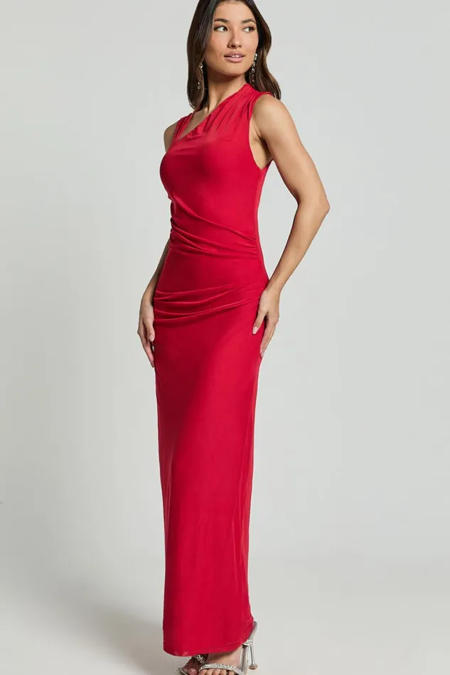 Lara Midi Dress 8211 Asymmetrical Ruched Mesh Dress In Red Women Showpo Dresses