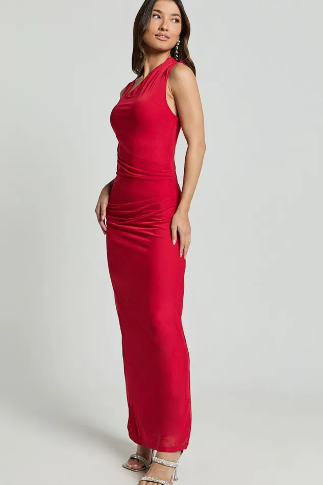 Lara Midi Dress 8211 Asymmetrical Ruched Mesh Dress In Red Women Showpo Dresses