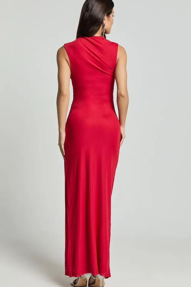 Lara Midi Dress 8211 Asymmetrical Ruched Mesh Dress In Red Women Showpo Dresses