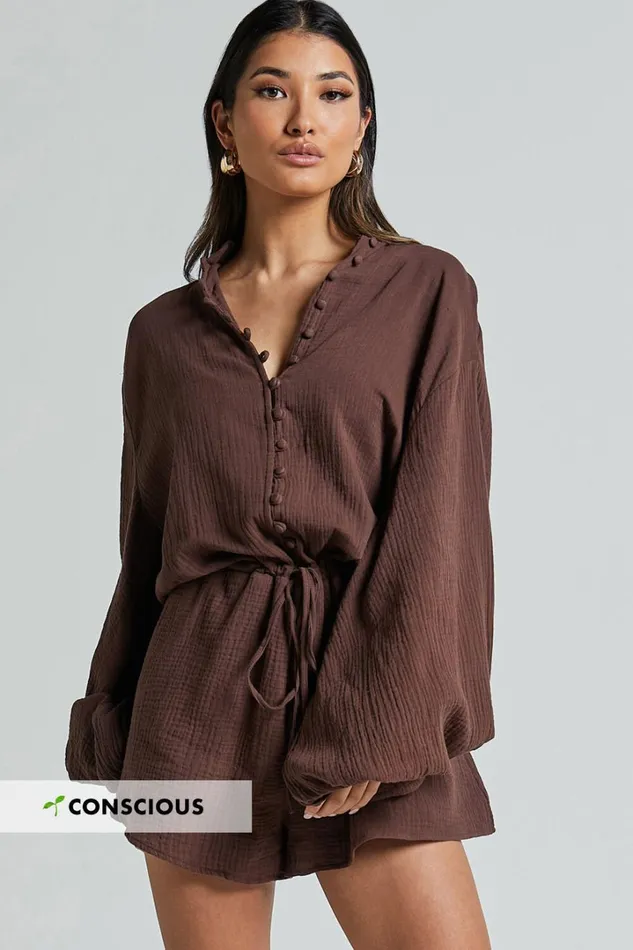 Laylani Playsuit 8211 V Neck Puff Sleeve In Chocolate Women Showpo Rompers