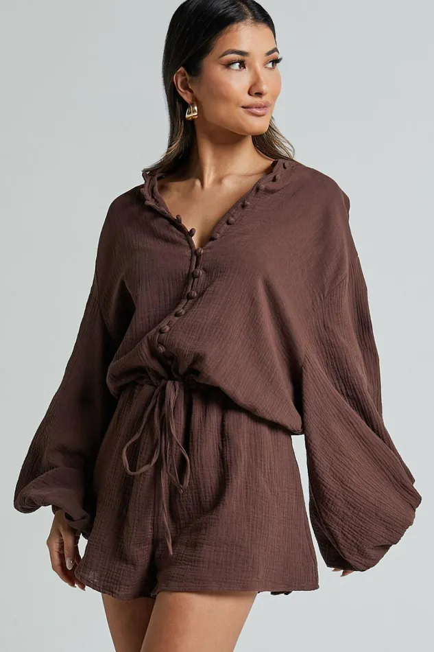 Laylani Playsuit 8211 V Neck Puff Sleeve In Chocolate Women Showpo Rompers