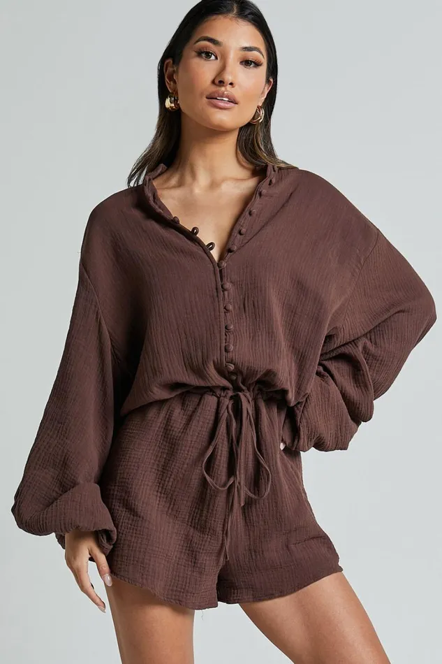 Laylani Playsuit 8211 V Neck Puff Sleeve In Chocolate Women Showpo Rompers