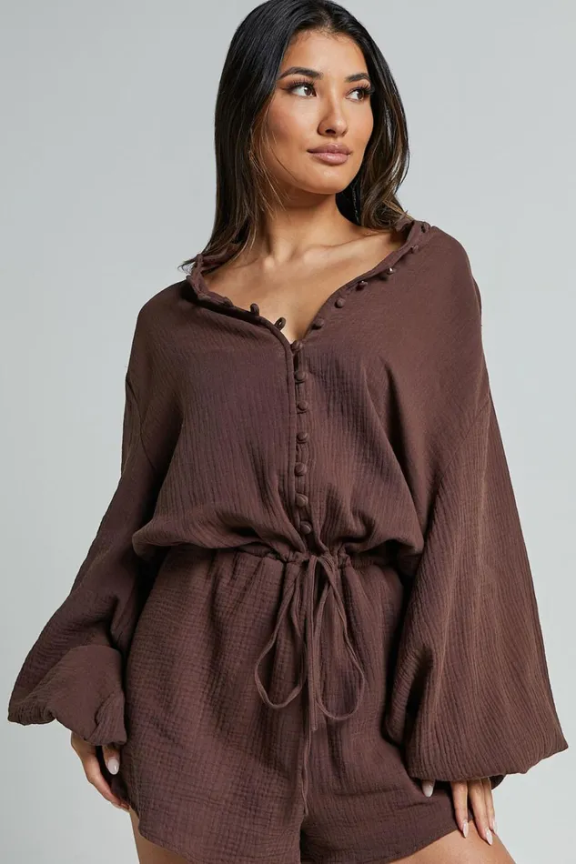 Laylani Playsuit 8211 V Neck Puff Sleeve In Chocolate Women Showpo Rompers