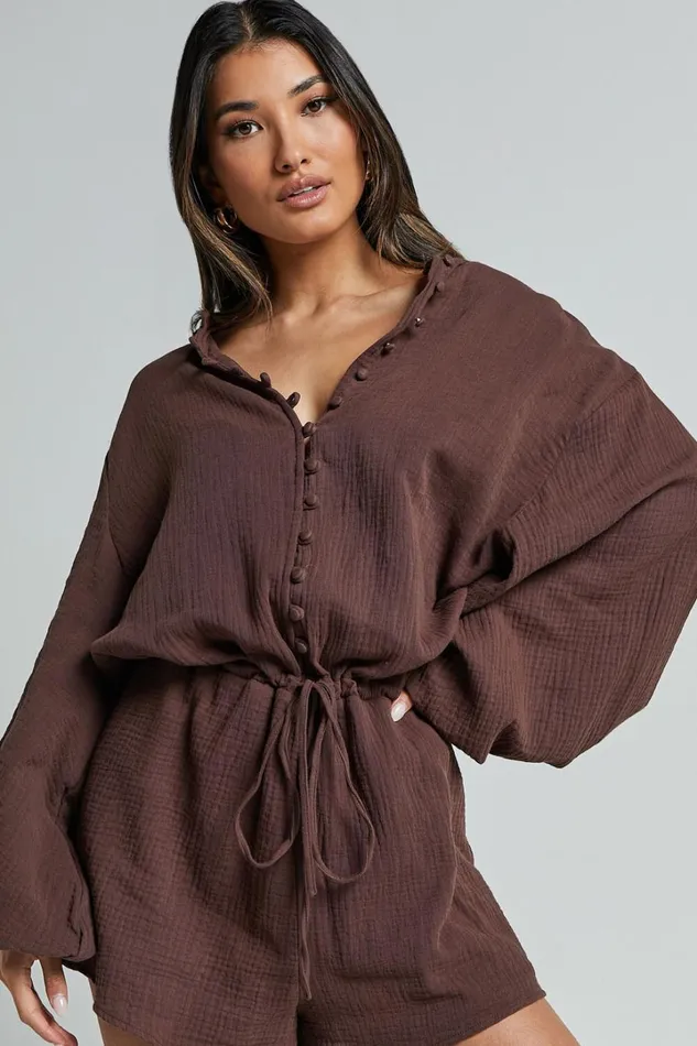 Laylani Playsuit 8211 V Neck Puff Sleeve In Chocolate Women Showpo Rompers