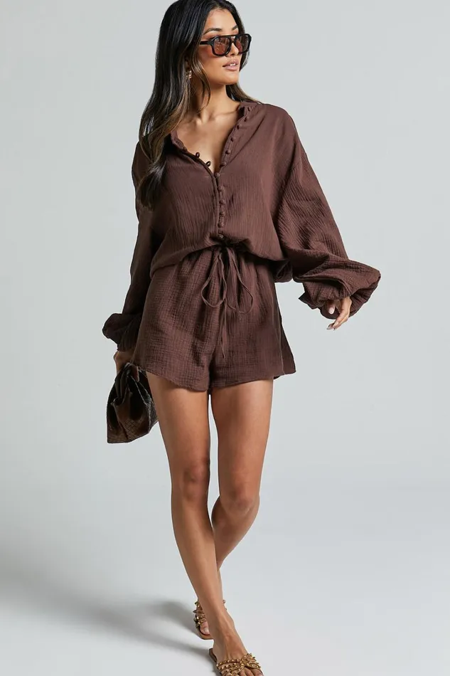 Laylani Playsuit 8211 V Neck Puff Sleeve In Chocolate Women Showpo Rompers