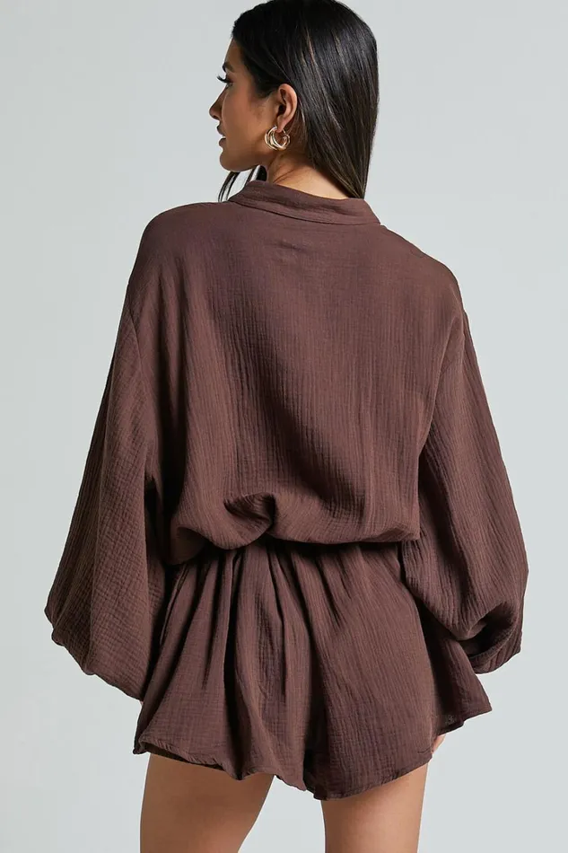 Laylani Playsuit 8211 V Neck Puff Sleeve In Chocolate Women Showpo Rompers