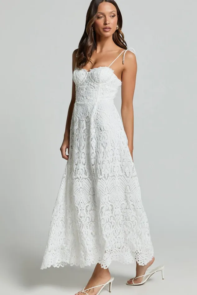 Leanne Midi Dress 8211 Tie Shoulder Corset Lace Dress In White Women Showpo Dresses
