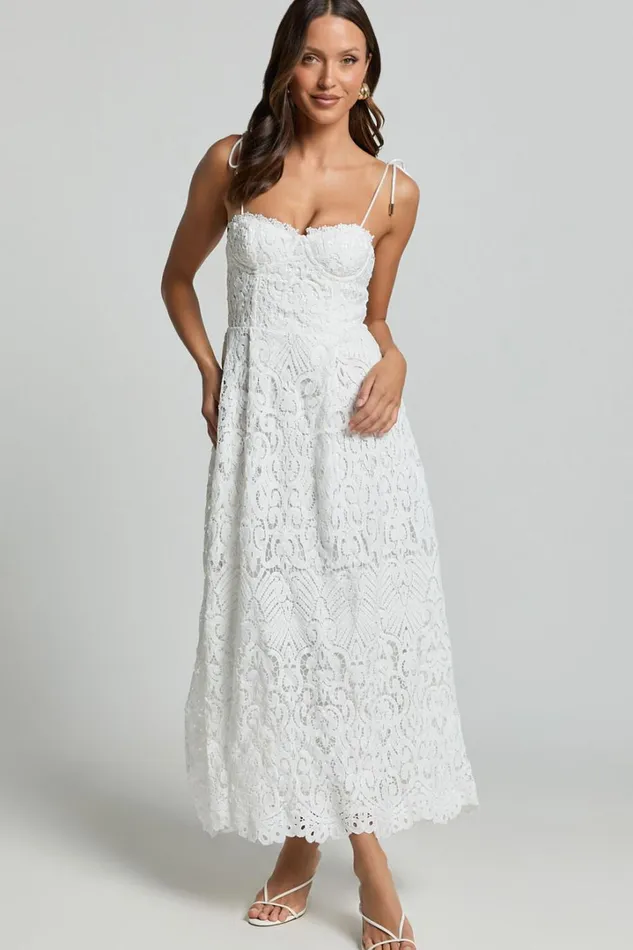 Leanne Midi Dress 8211 Tie Shoulder Corset Lace Dress In White Women Showpo Dresses