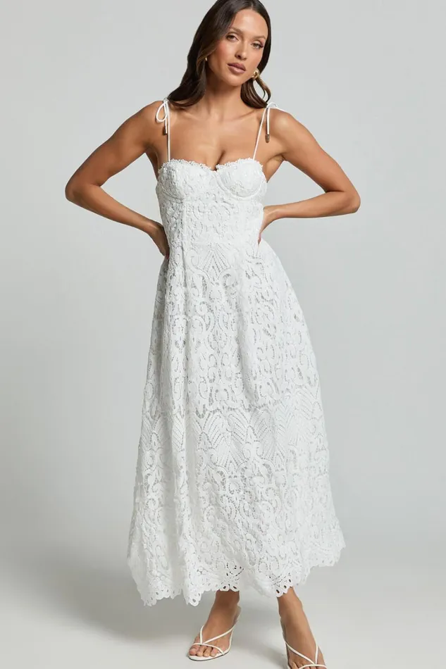 Leanne Midi Dress 8211 Tie Shoulder Corset Lace Dress In White Women Showpo Dresses