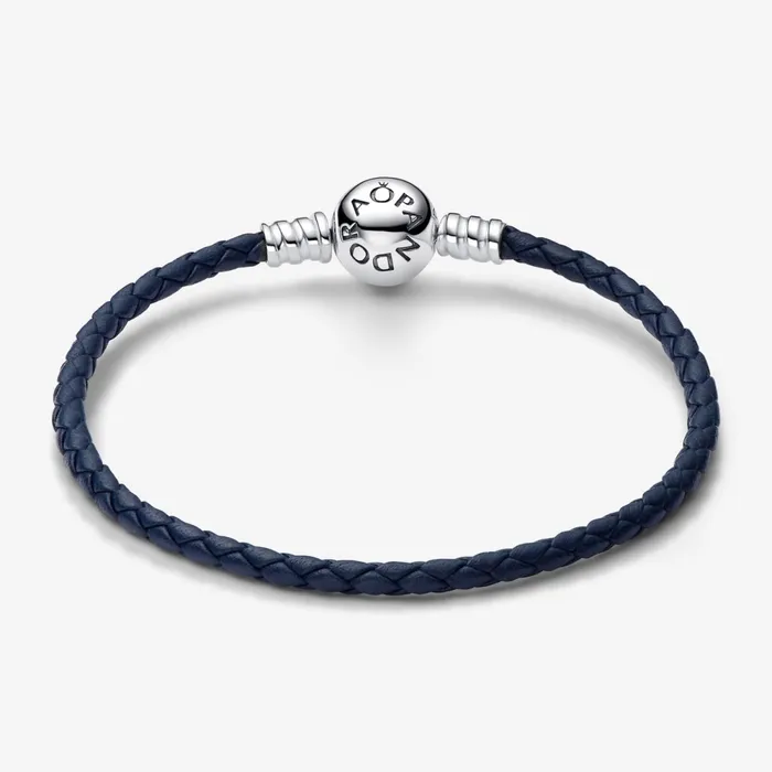 Leather Bracelets Women Pandora Online Moments Round Clasp Blue Braided Leather Bracelet