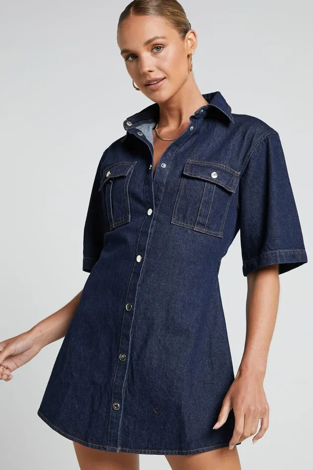 Leilani Mini Dress 8211 Denim Short Sleeve Button Up Dress In Indigo Denim Women Showpo Denim