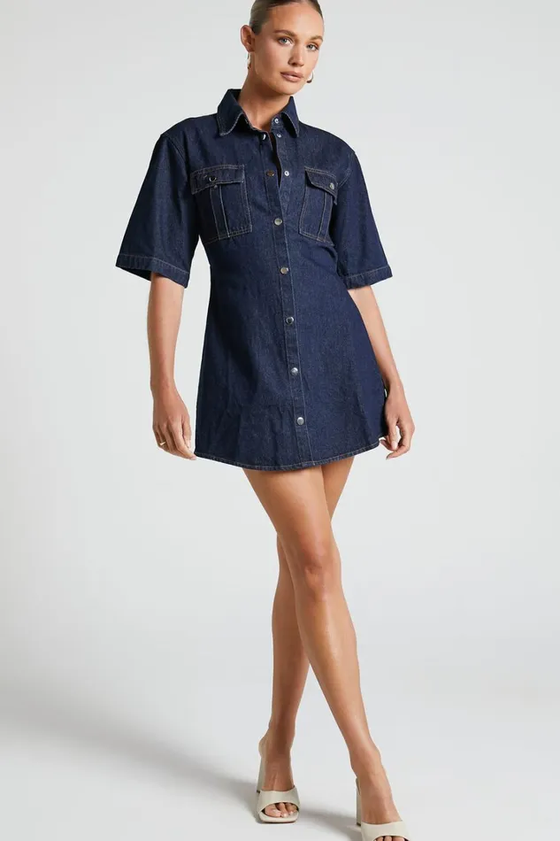 Leilani Mini Dress 8211 Denim Short Sleeve Button Up Dress In Indigo Denim Women Showpo Denim