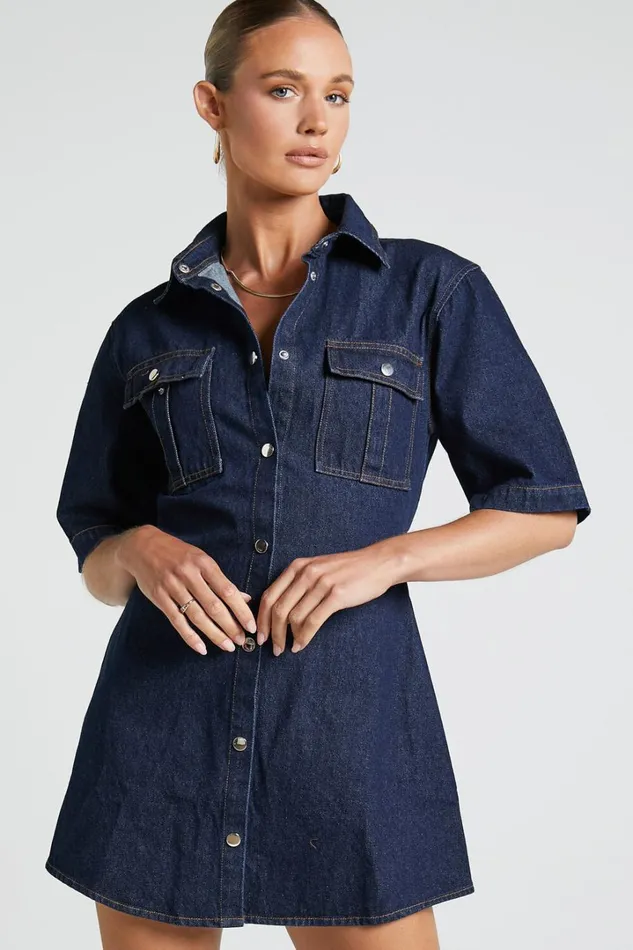 Leilani Mini Dress 8211 Denim Short Sleeve Button Up Dress In Indigo Denim Women Showpo Denim