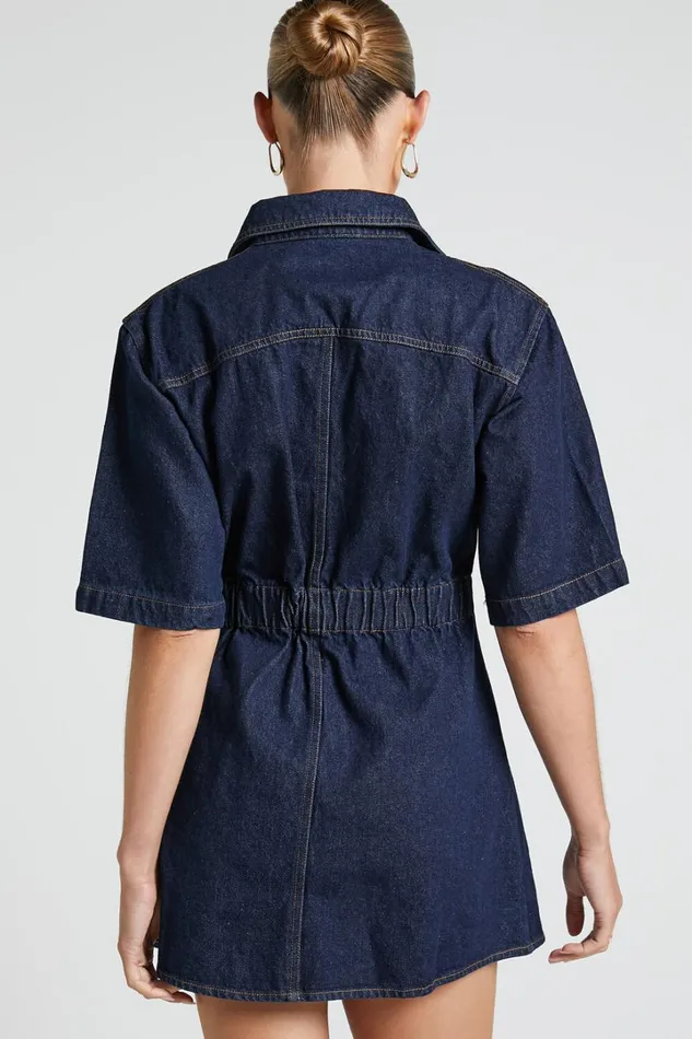 Leilani Mini Dress 8211 Denim Short Sleeve Button Up Dress In Indigo Denim Women Showpo Denim
