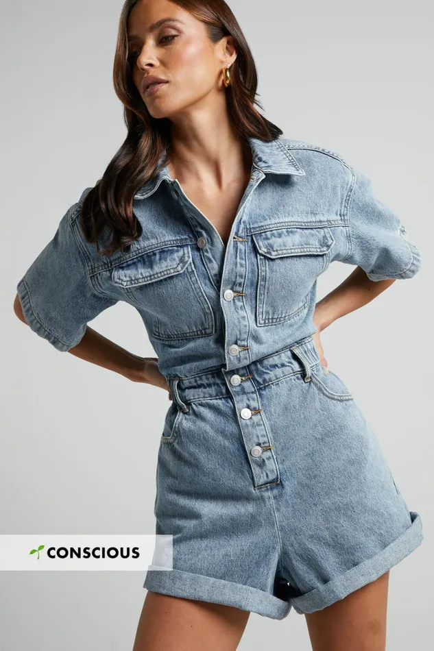 Leo Playsuit 8211 Collared Short Sleeve Button Front Denim Playsuit In Mid Blue Acid Wash Women Showpo Rompers
