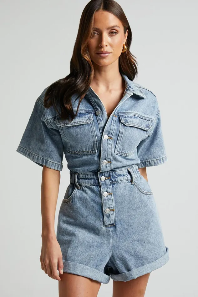 Leo Playsuit 8211 Collared Short Sleeve Button Front Denim Playsuit In Mid Blue Acid Wash Women Showpo Rompers