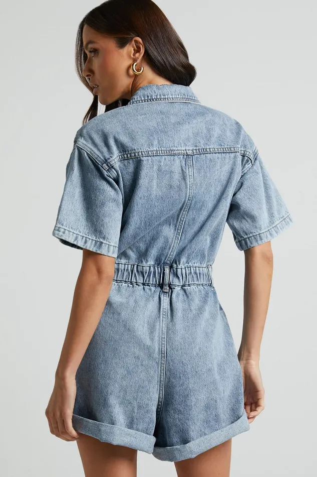 Leo Playsuit 8211 Collared Short Sleeve Button Front Denim Playsuit In Mid Blue Acid Wash Women Showpo Rompers
