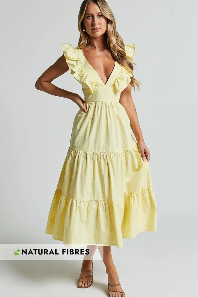 Levona Midi Dress 8211 Ruffle Shoulder Tiered Dress In Lemon Women Showpo Curve Clothes