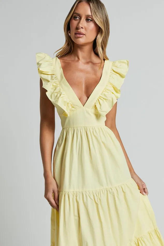 Levona Midi Dress 8211 Ruffle Shoulder Tiered Dress In Lemon Women Showpo Curve Clothes