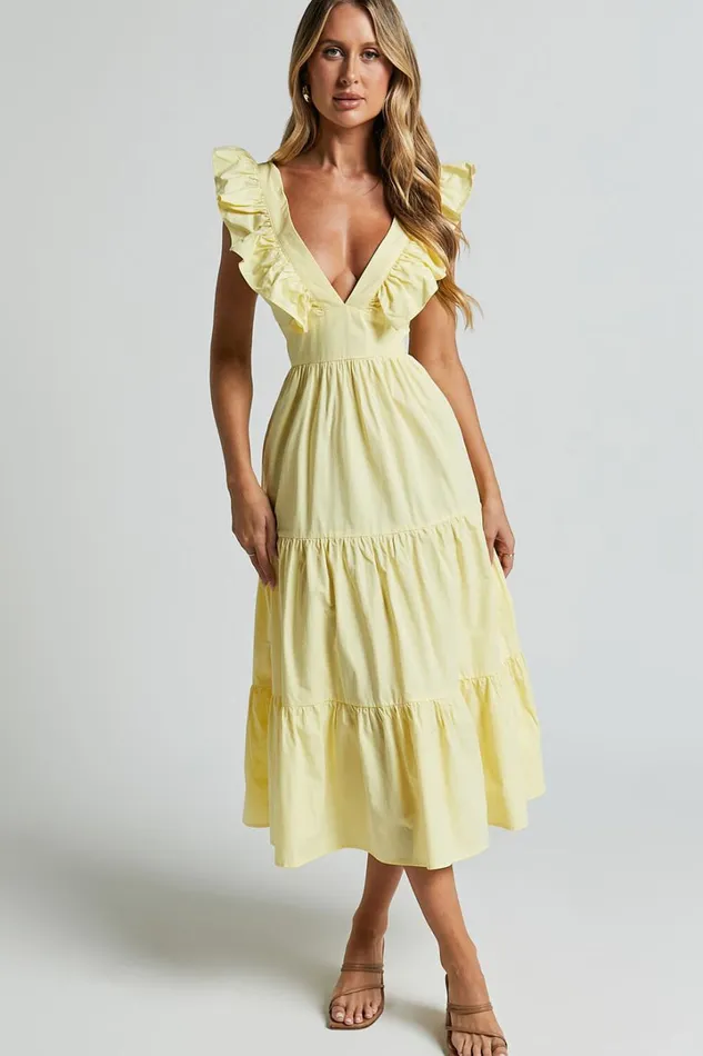 Levona Midi Dress 8211 Ruffle Shoulder Tiered Dress In Lemon Women Showpo Curve Clothes