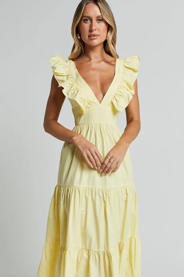 Levona Midi Dress 8211 Ruffle Shoulder Tiered Dress In Lemon Women Showpo Curve Clothes