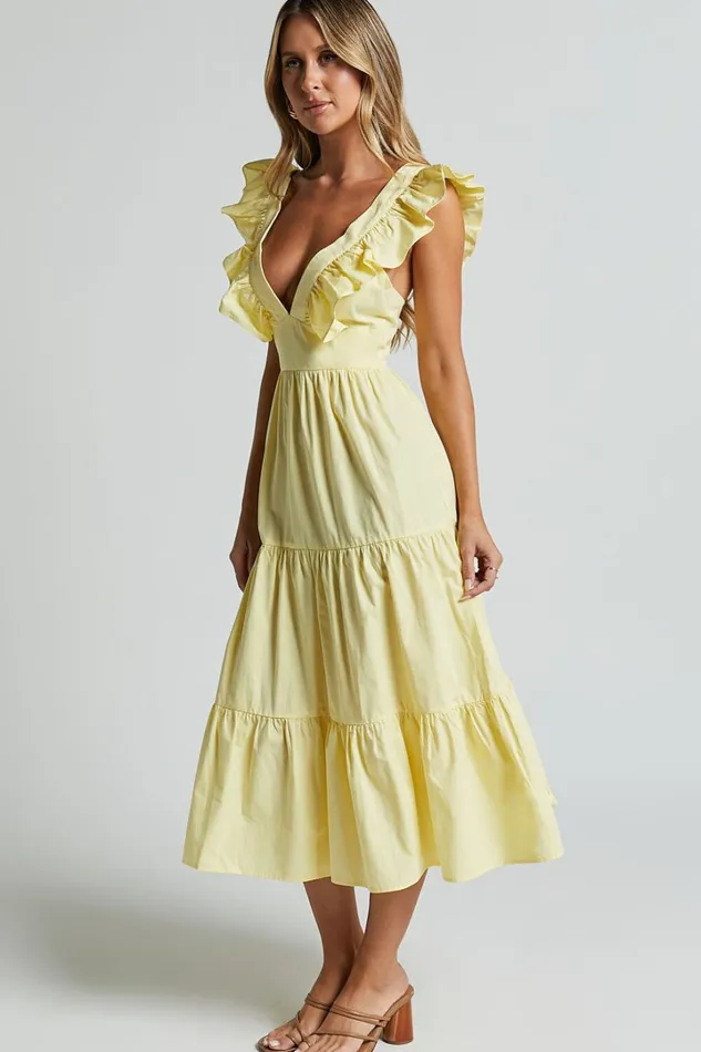 Levona Midi Dress 8211 Ruffle Shoulder Tiered Dress In Lemon Women Showpo Curve Clothes