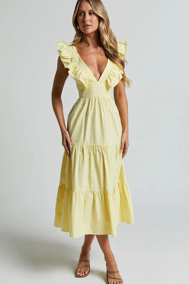 Levona Midi Dress 8211 Ruffle Shoulder Tiered Dress In Lemon Women Showpo Curve Clothes