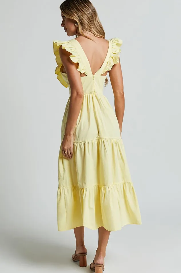 Levona Midi Dress 8211 Ruffle Shoulder Tiered Dress In Lemon Women Showpo Curve Clothes