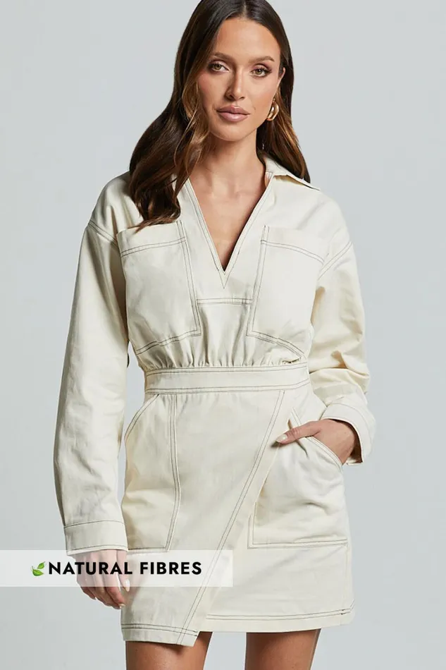 Lilianna Mini Dress 8211 V Neck Long Sleeve Wrap Dress In Cream Women Showpo Conscious