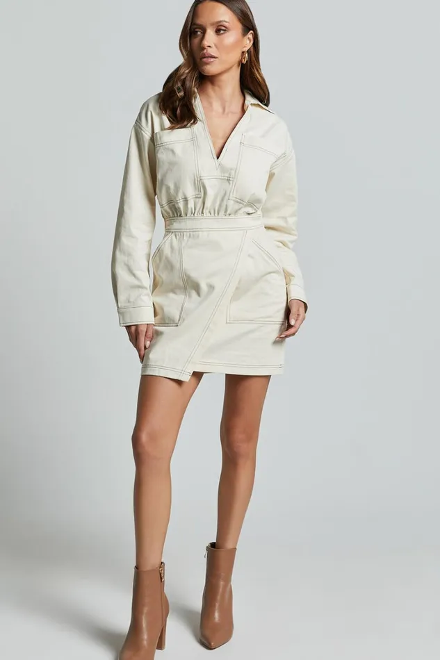 Lilianna Mini Dress 8211 V Neck Long Sleeve Wrap Dress In Cream Women Showpo Conscious