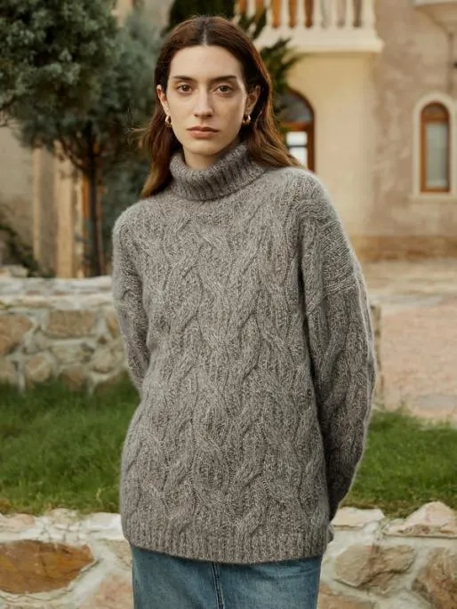 Lilysilk CableKnit Cashmere Turtleneck Sweater Women Knitwear
