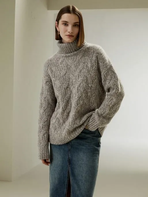 Lilysilk CableKnit Cashmere Turtleneck Sweater Women Knitwear