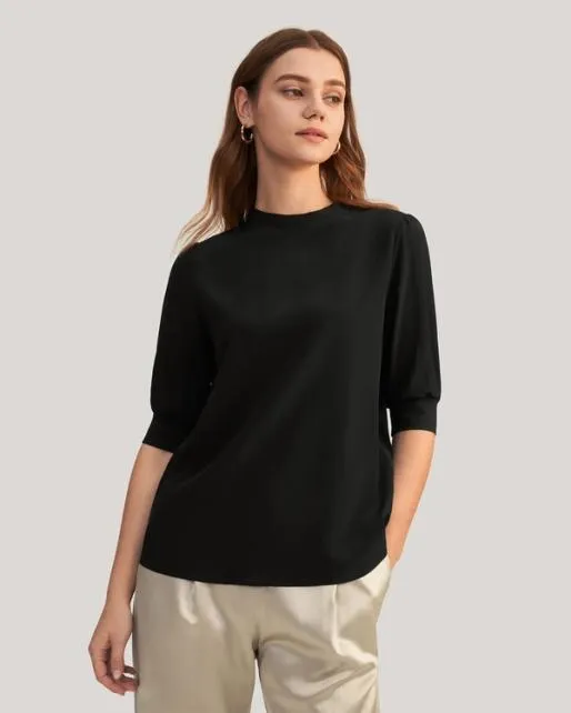 Lilysilk Elegant Casual Silk Tee With Rib Cuff Women Tops
